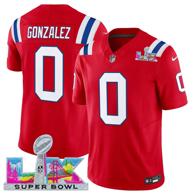 Men's New England Patriots #0 Christian Gonzalez Red 2025 F.U.S.E. Super Bowl LX Patch Vapor Limited Stitched Football Jersey